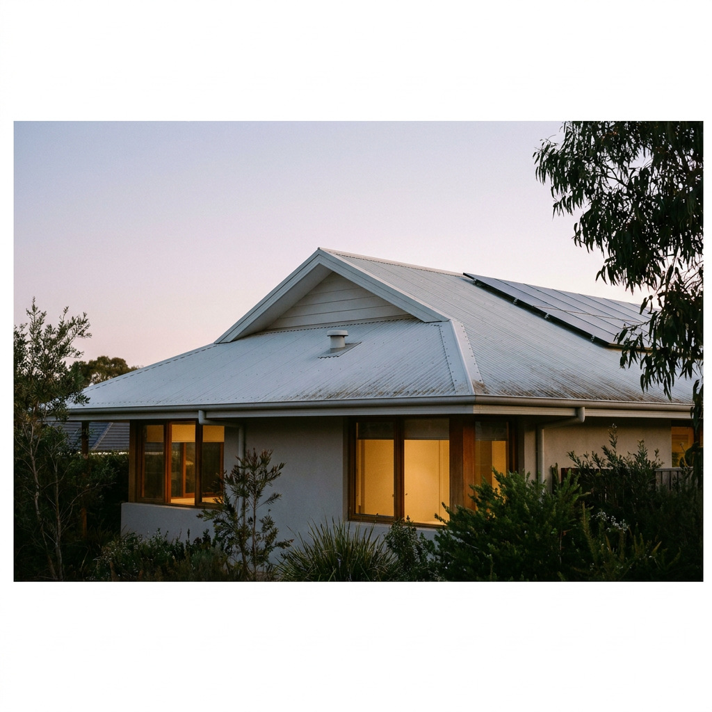 Contemporary Australian house at dusk with a pale roof and a small ventilator near the ridge