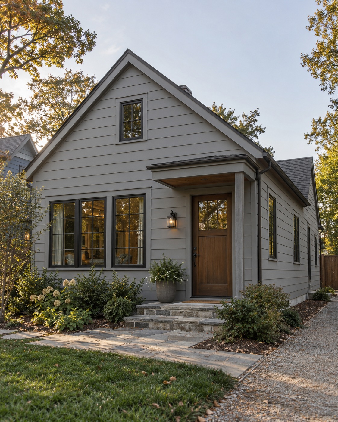 Contemporary cottage facade with wide horizontal siding and visible shadow lines