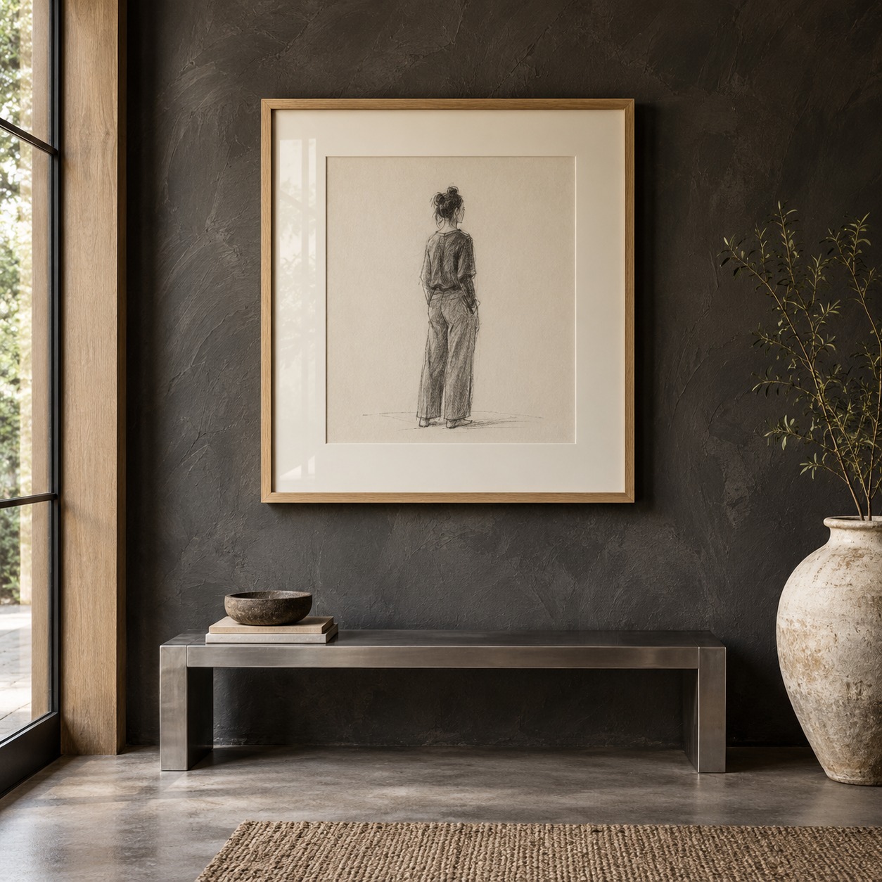 Small pencil drawing given presence with a wide pale oak frame and generous mat