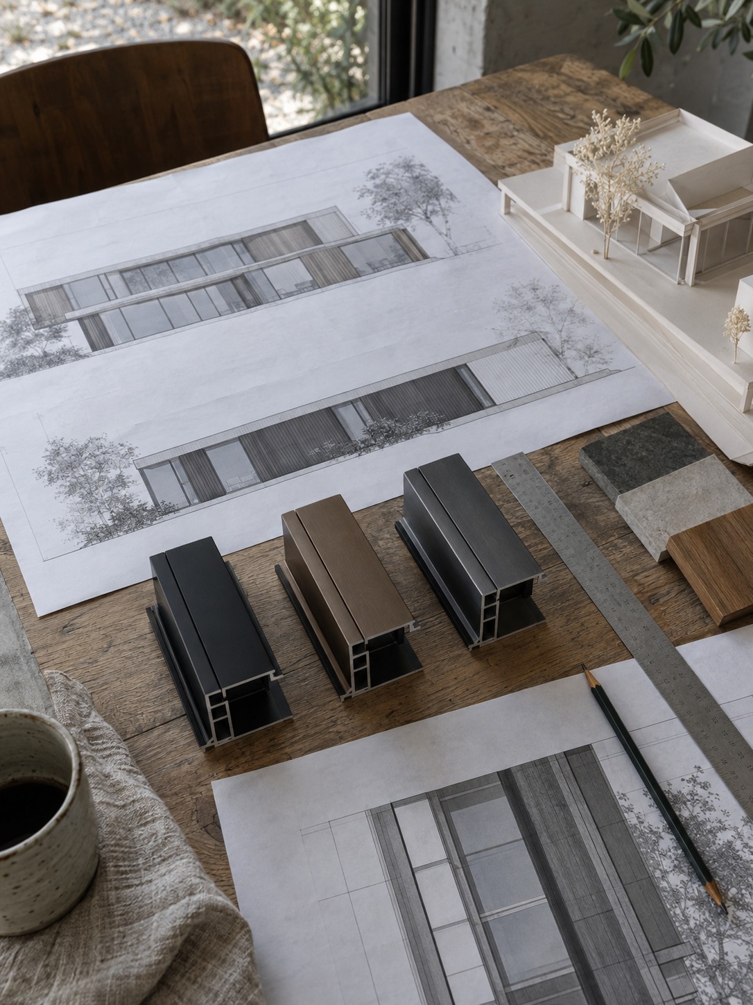 Window frame samples plan Facade drawings and black, bronze and charcoal frame samples on a worktable | Sky Rye Design Facade drawings and black, bronze and charcoal frame samples on a worktable
