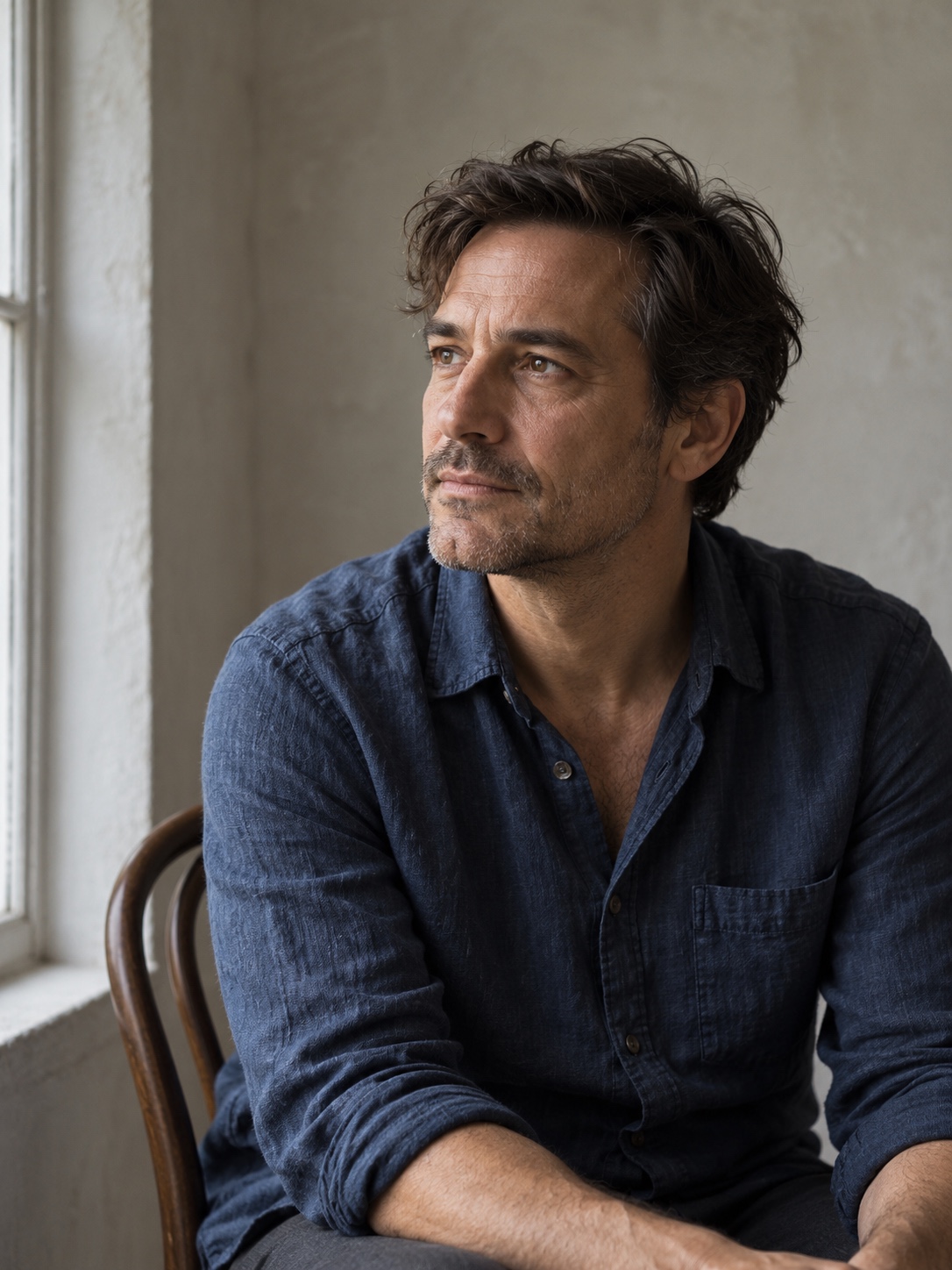 Window portrait Man seated beside a tall window with soft side light shaping one side of his face and a catchlight in each eye | Sky Rye Design Man seated beside a tall window with soft side light shaping one side of his face and a catchlight in each eye