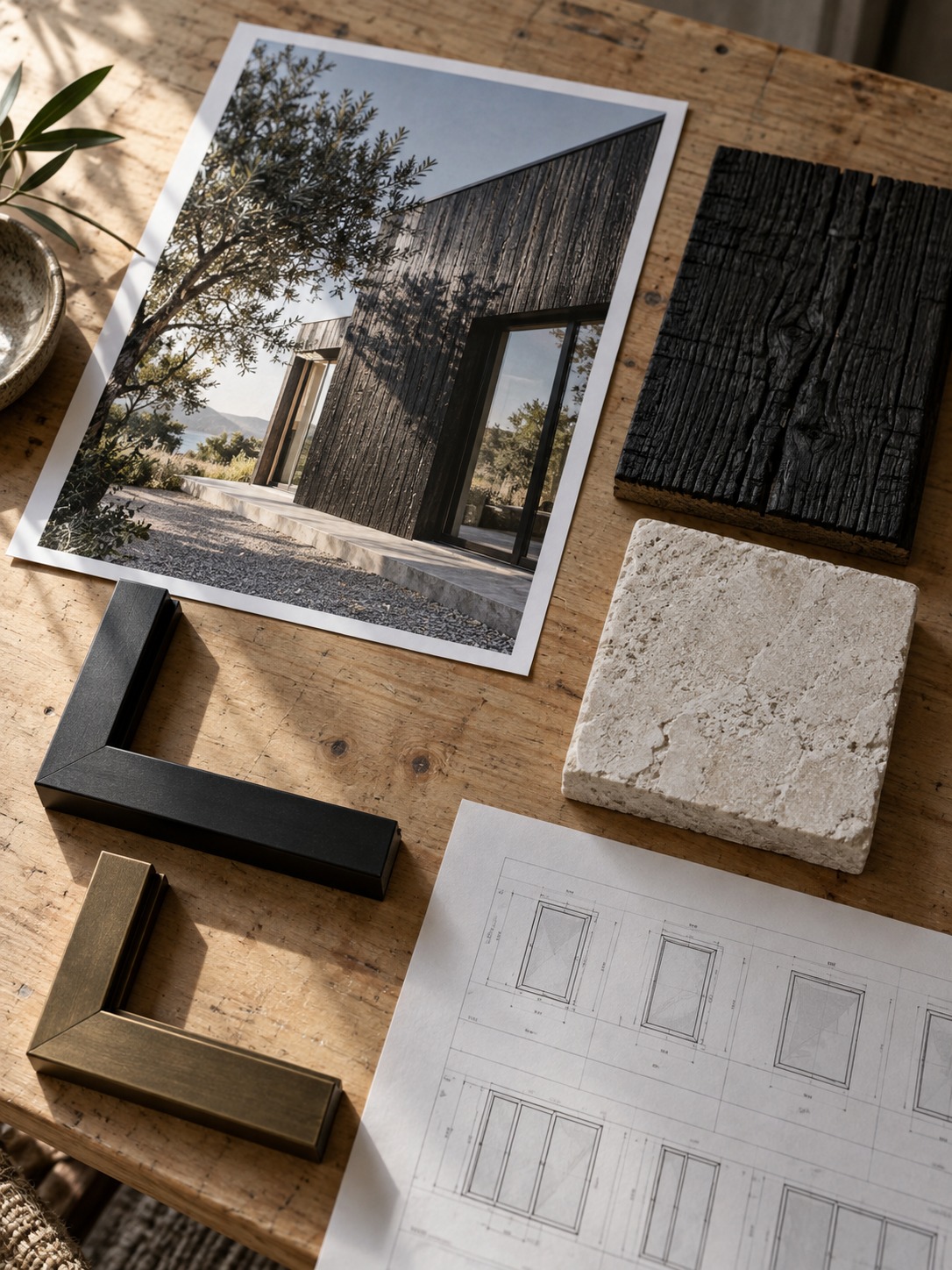 Window material mood board Window frame samples, stone and timber arranged around a facade photograph | Sky Rye Design Window frame samples, stone and timber arranged around a facade photograph