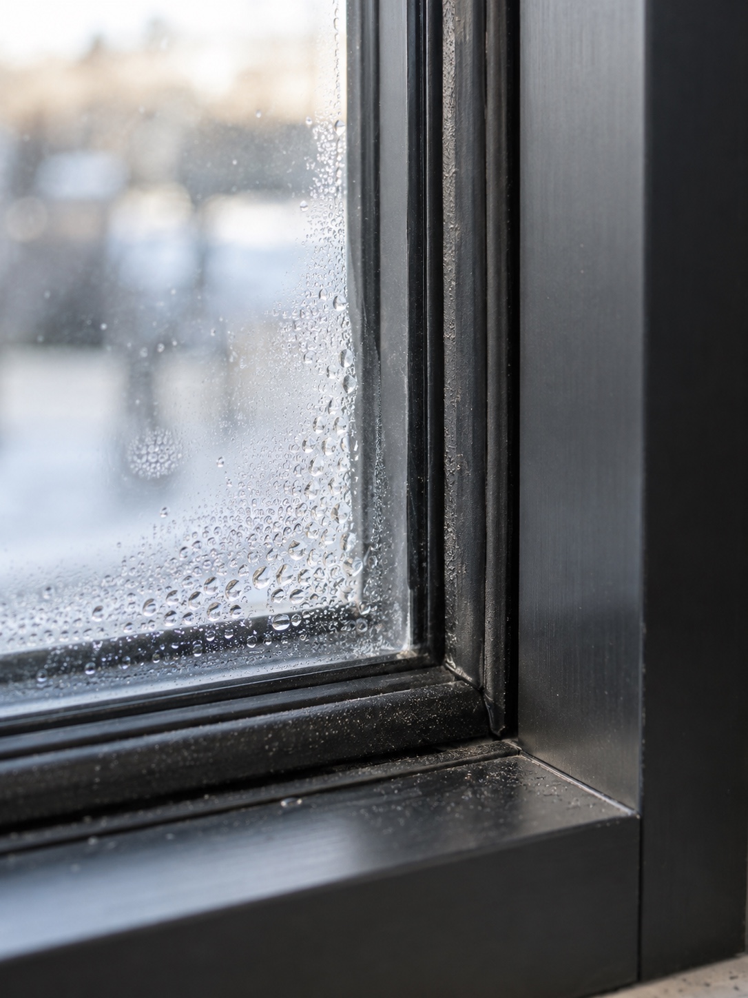 Close view of weatherstripping and condensation at the corner of a modern window