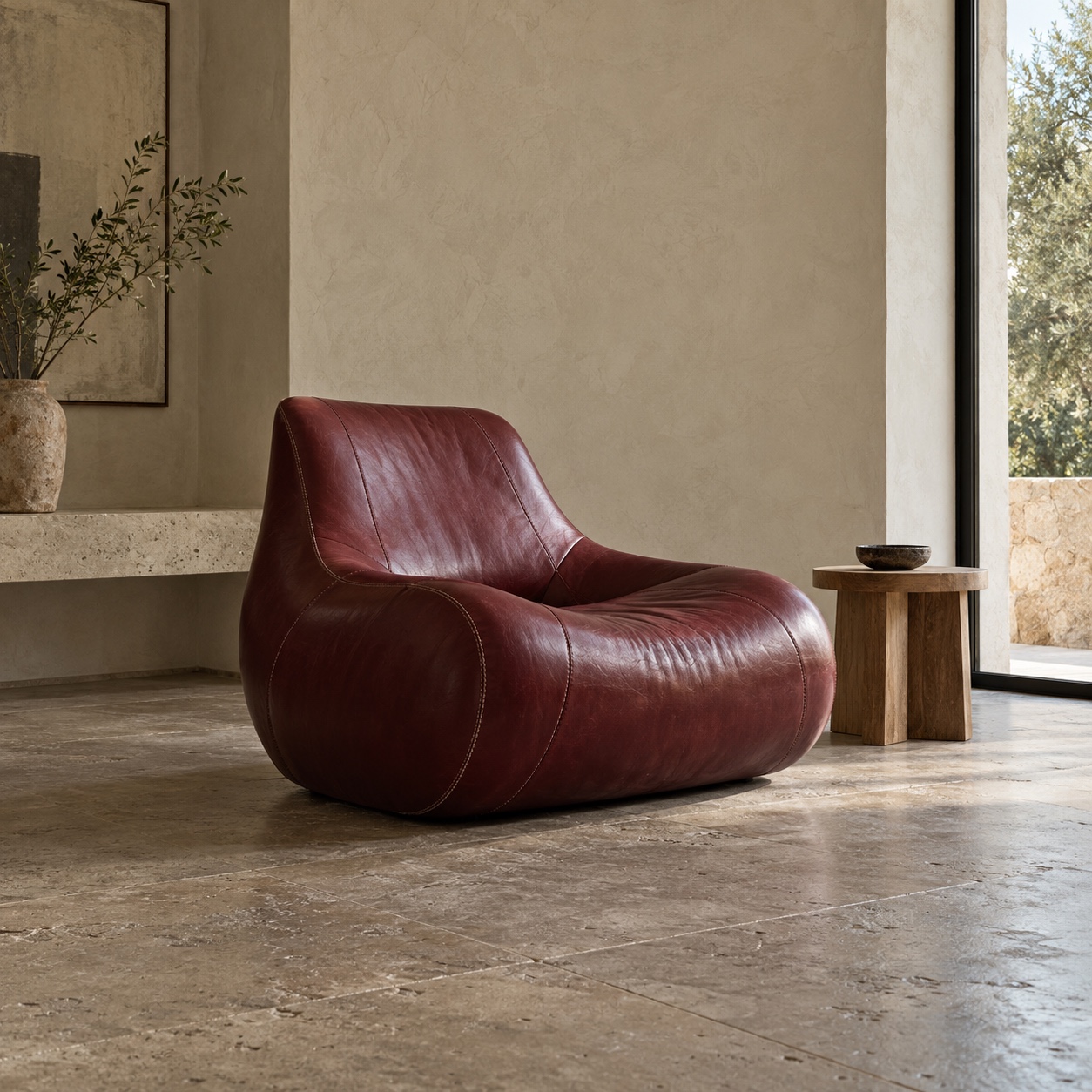 Original wine-red leather lounge chair with visible stitching in a quiet mineral room