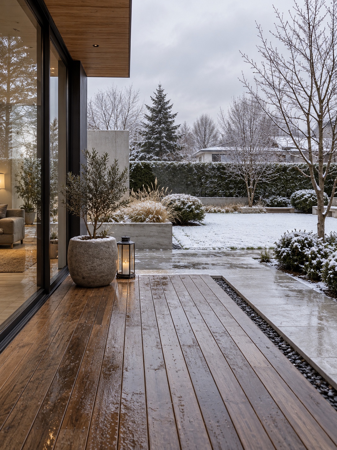 Modern Backyard Deck in a Winter Garden Modern backyard deck transitioning into a snow-dusted garden | Sky Rye Design Modern backyard deck transitioning into a snow-dusted garden