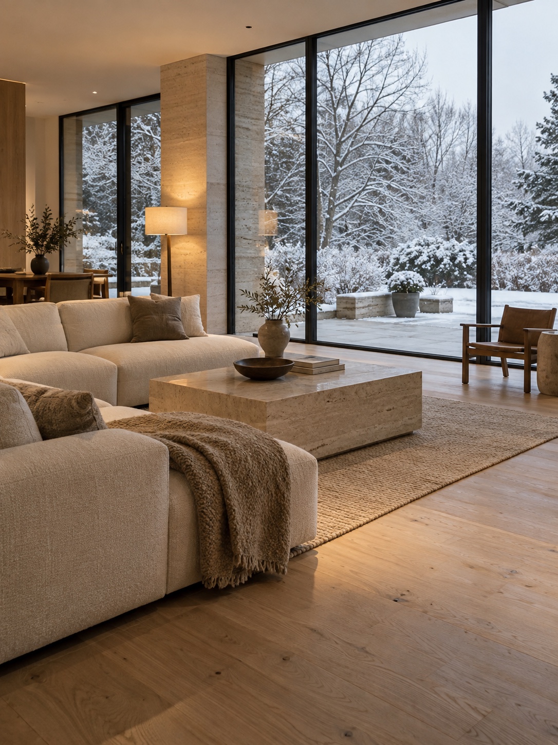 Minimalist living room with floor-to-ceiling windows and snow visible outside