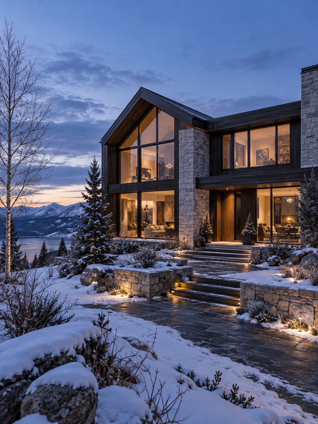 Minimalist modern home glowing warmly at dusk with snow-dusted landscaping