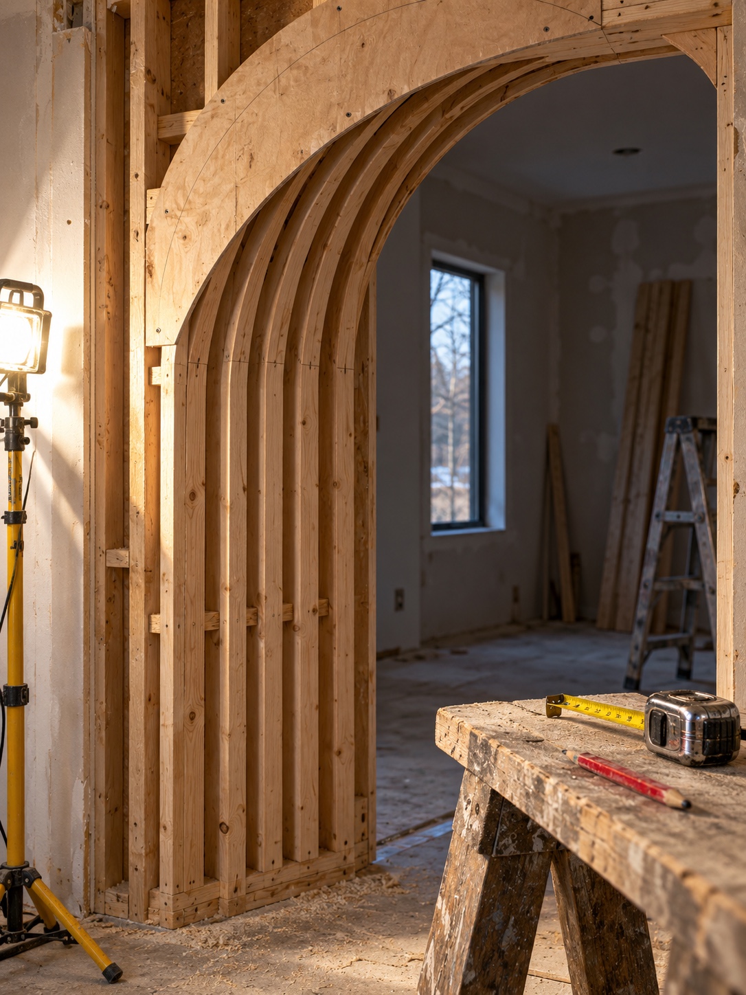 Wooden arch framing template Wooden arch template and closely spaced framing inside an unfinished doorway | Sky Rye Design Wooden arch template and closely spaced framing inside an unfinished doorway