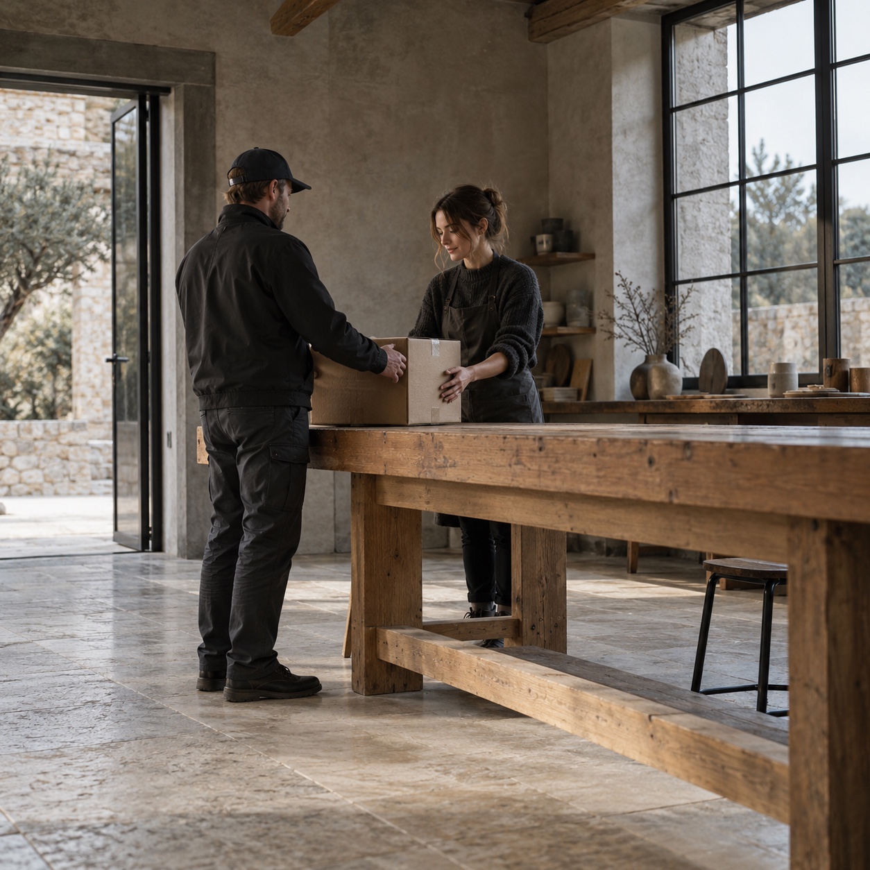 Courier delivers a package in a quiet modern workshop A courier handing a cardboard package to a recipient across a timber workshop bench | Sky Rye Design A courier handing a cardboard package to a recipient across a timber workshop bench