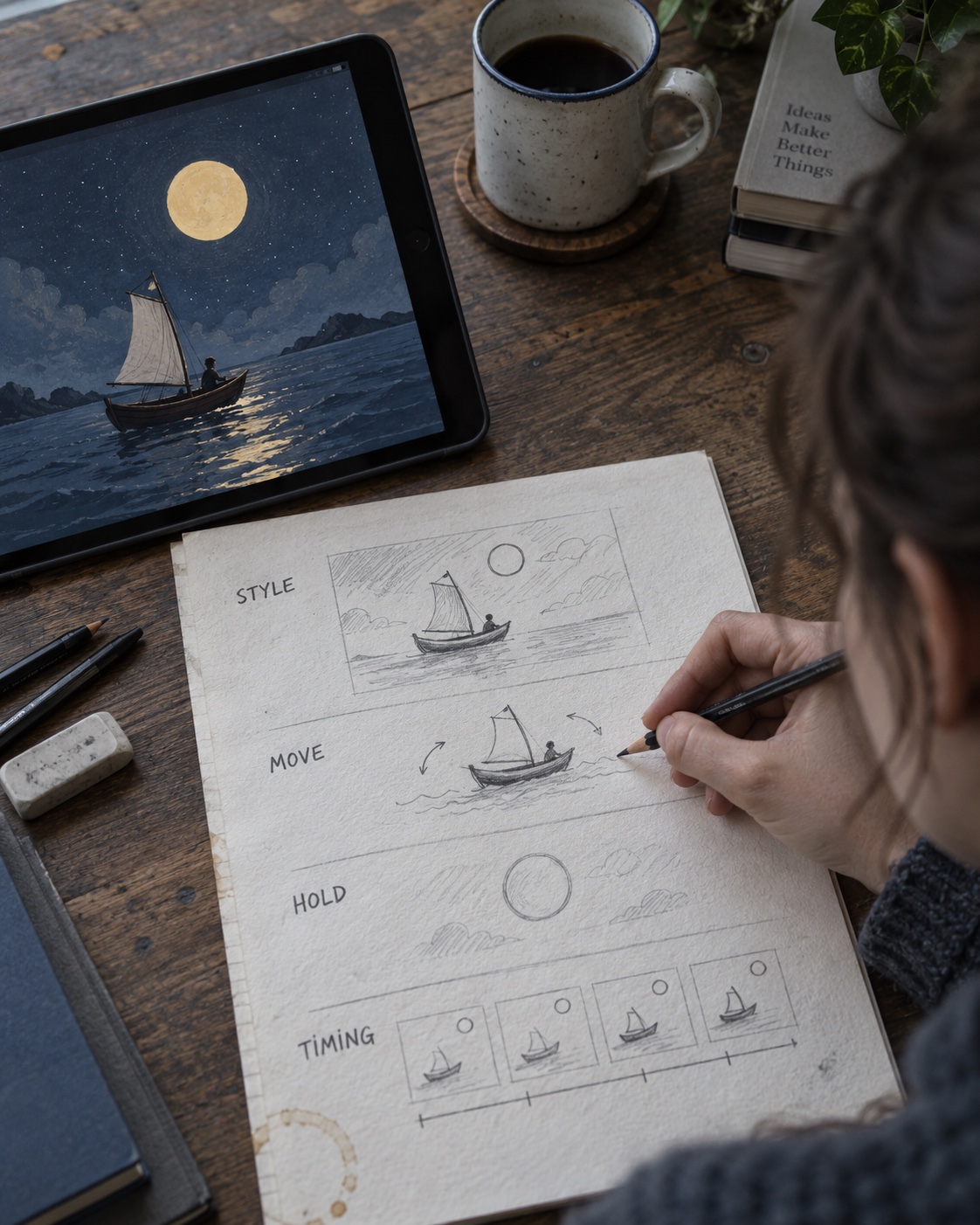 Writing a layered motion direction Designer sketching style, movement, fixed elements, and timing for an illustrated boat scene | Sky Rye Design Designer sketching style, movement, fixed elements, and timing for an illustrated boat scene